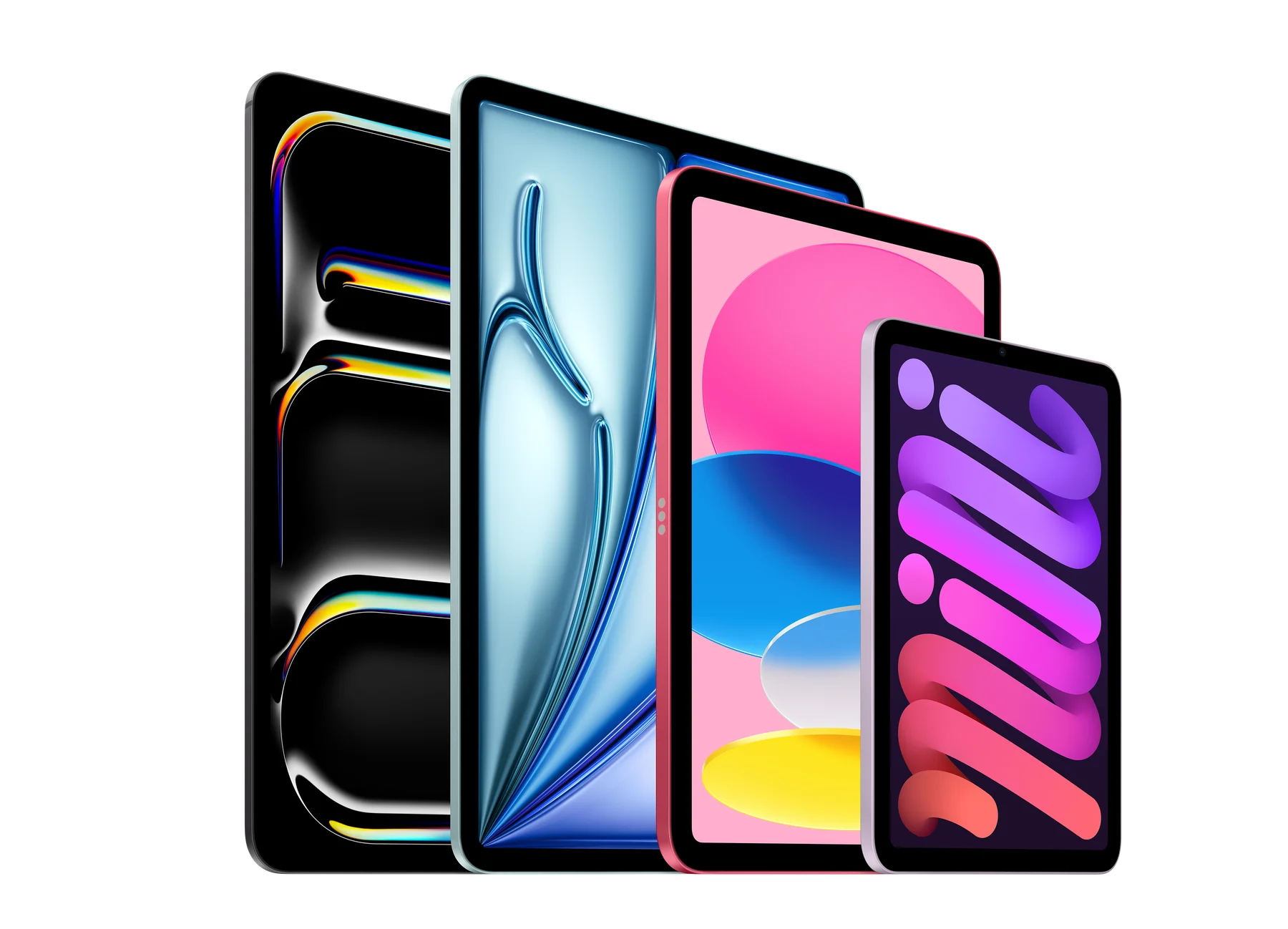 iPad lineup: iPad Pro, iPad Air, iPad, and iPad mini shown together.