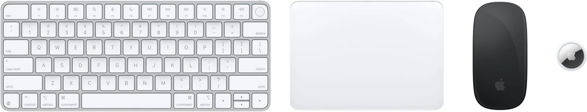 Magic Keyboard, Magic Trackpad, Magic Mouse, and AirTag laid out in a line at true relative size.