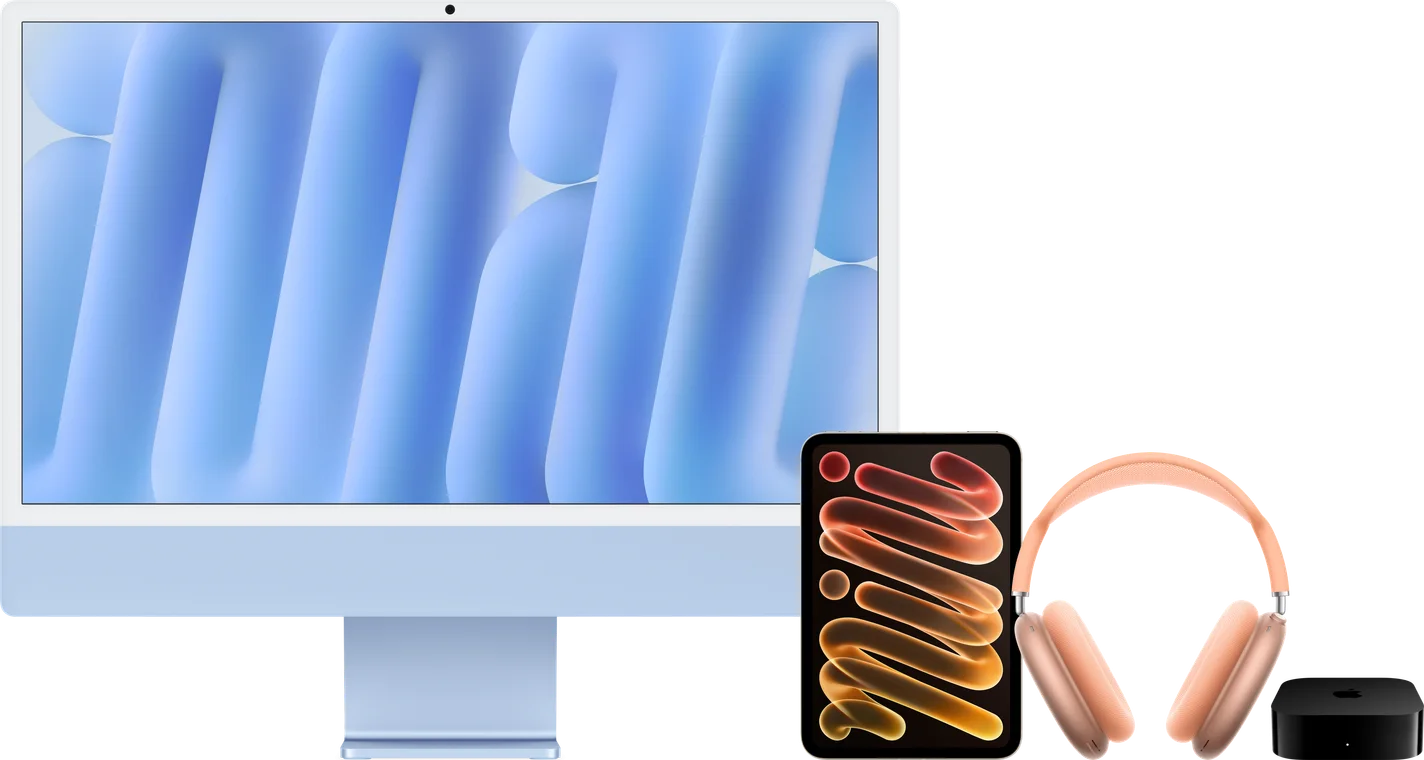 iMac, iPad mini, AirPods Max, and Apple TV 4K at true relative size.