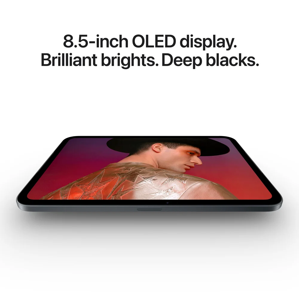 iPad mini lying flat with a colorful image on screen, with the caption 8.5-inch OLED display. Brilliant brights. Deep blacks.