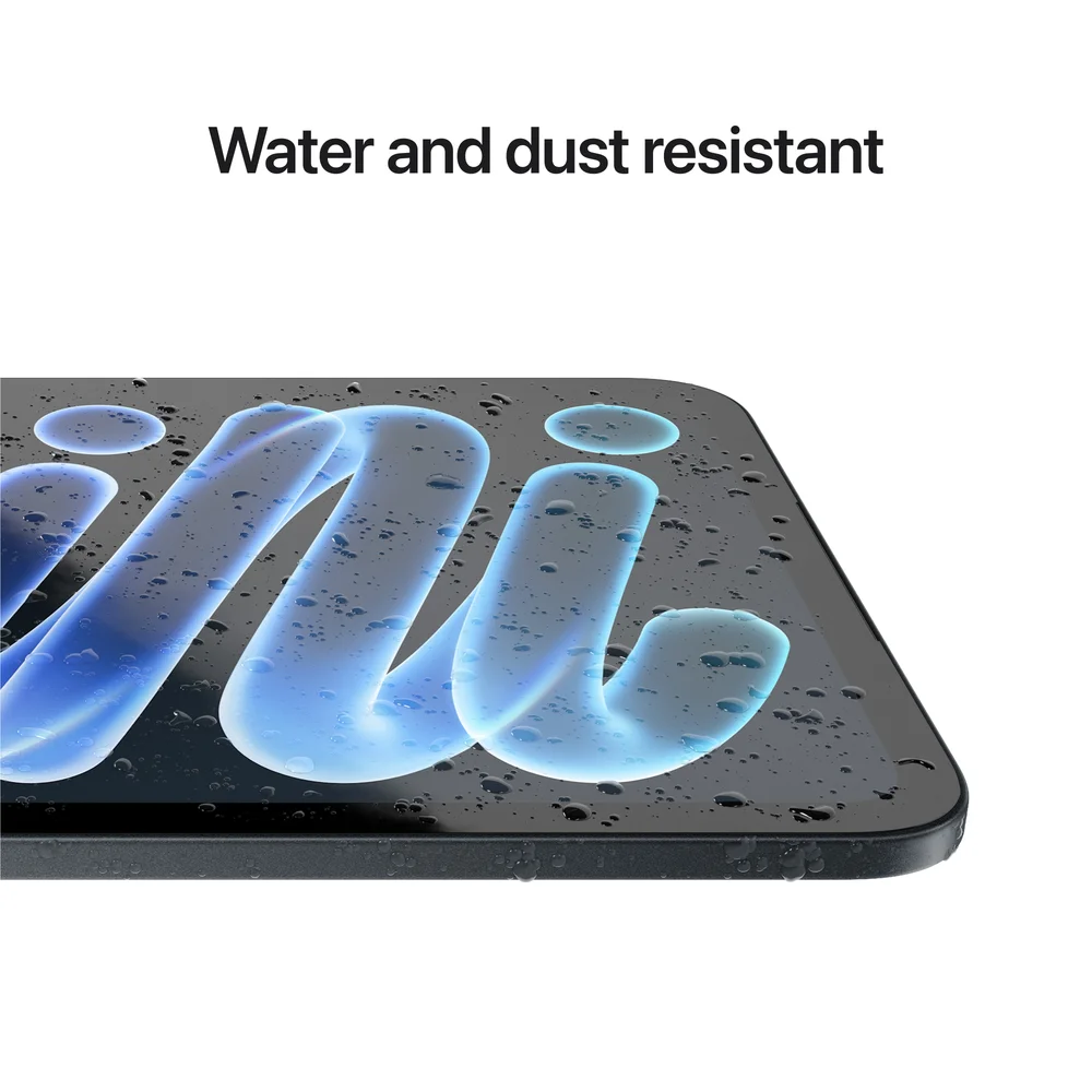 Close-up of iPad mini covered in water droplets, with the caption Water and dust resistant.