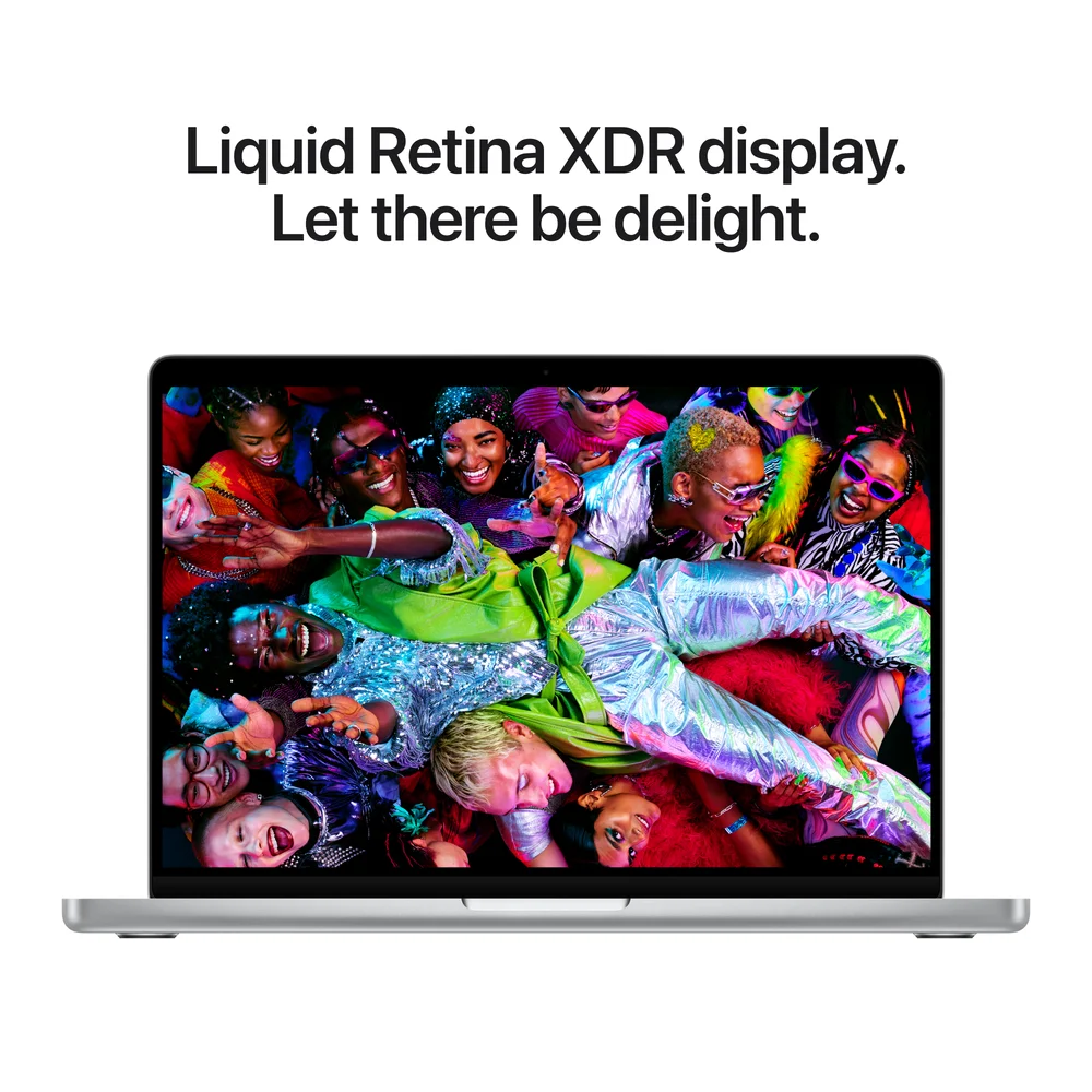 MacBook Pro in Silver showing a colorful crowd on its Liquid Retina XDR display, with the words: Liquid Retina XDR display. Let there be delight.