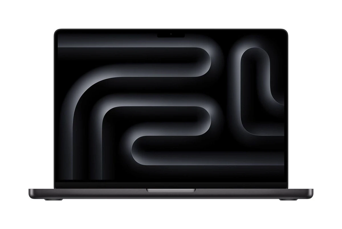 MacBook Pro 14-inch in Space Black, open and facing forward.