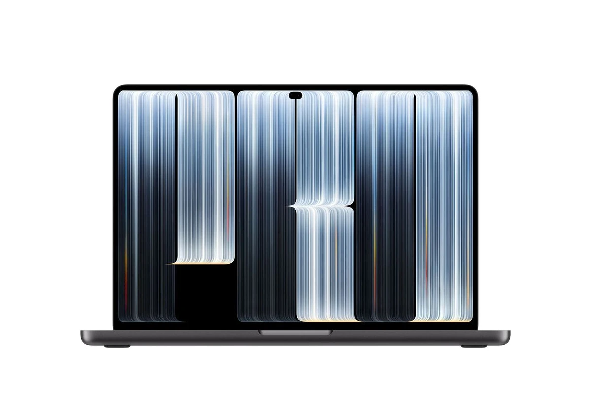 MacBook Pro with PROLED XDR Display, 14-inch, in Space Black, shown open from the front.
