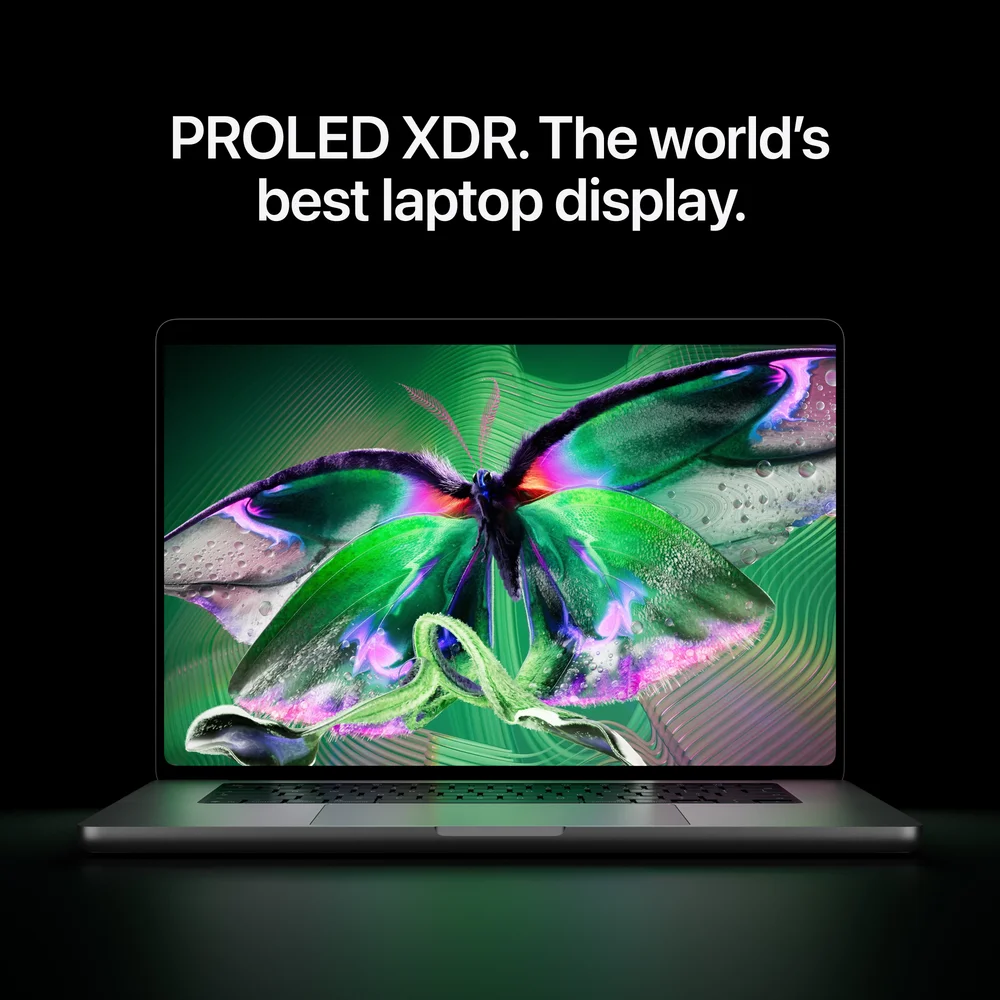 MacBook Pro showing a vivid butterfly on a black background, with the words: PROLED XDR. The world's best laptop display.