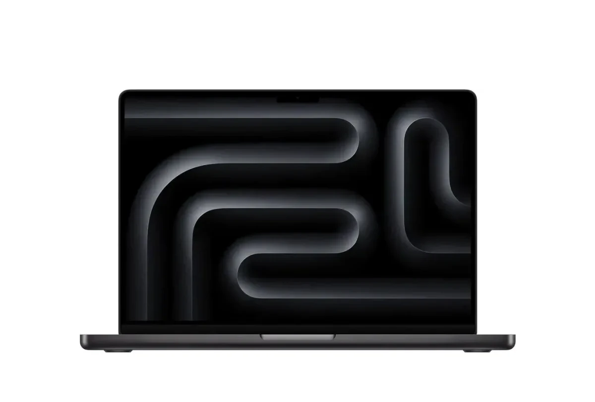 MacBook Pro 14-inch in Space Black, shown open from the front.