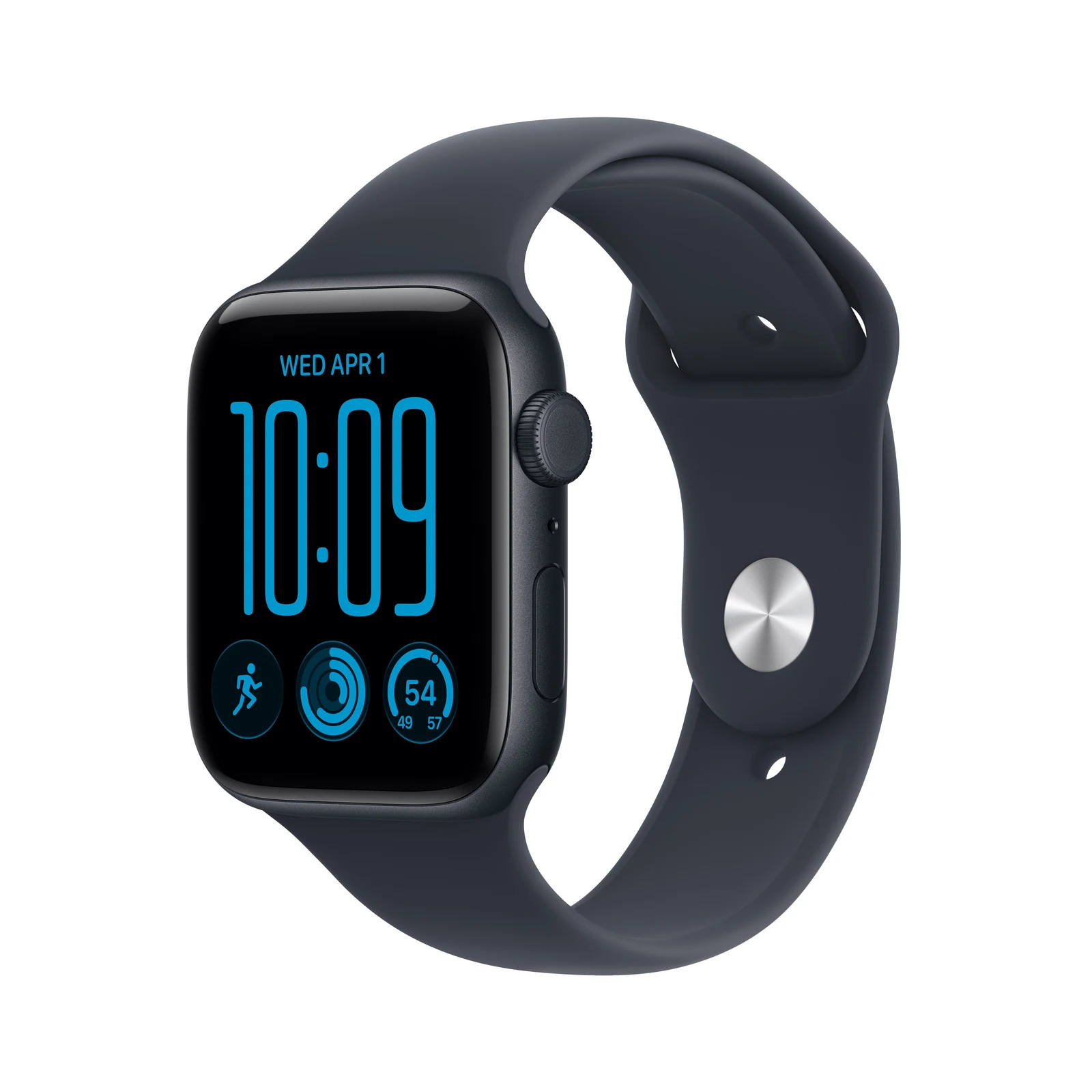 Apple Watch SE 3 in Midnight Aluminum with Navy Blue Sport Band.